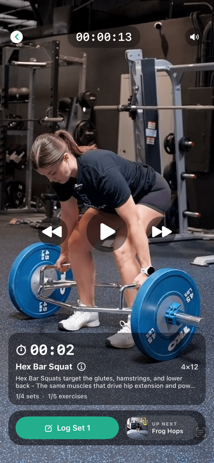 FitnessLink live workout session with exercise video, timer, and set logging