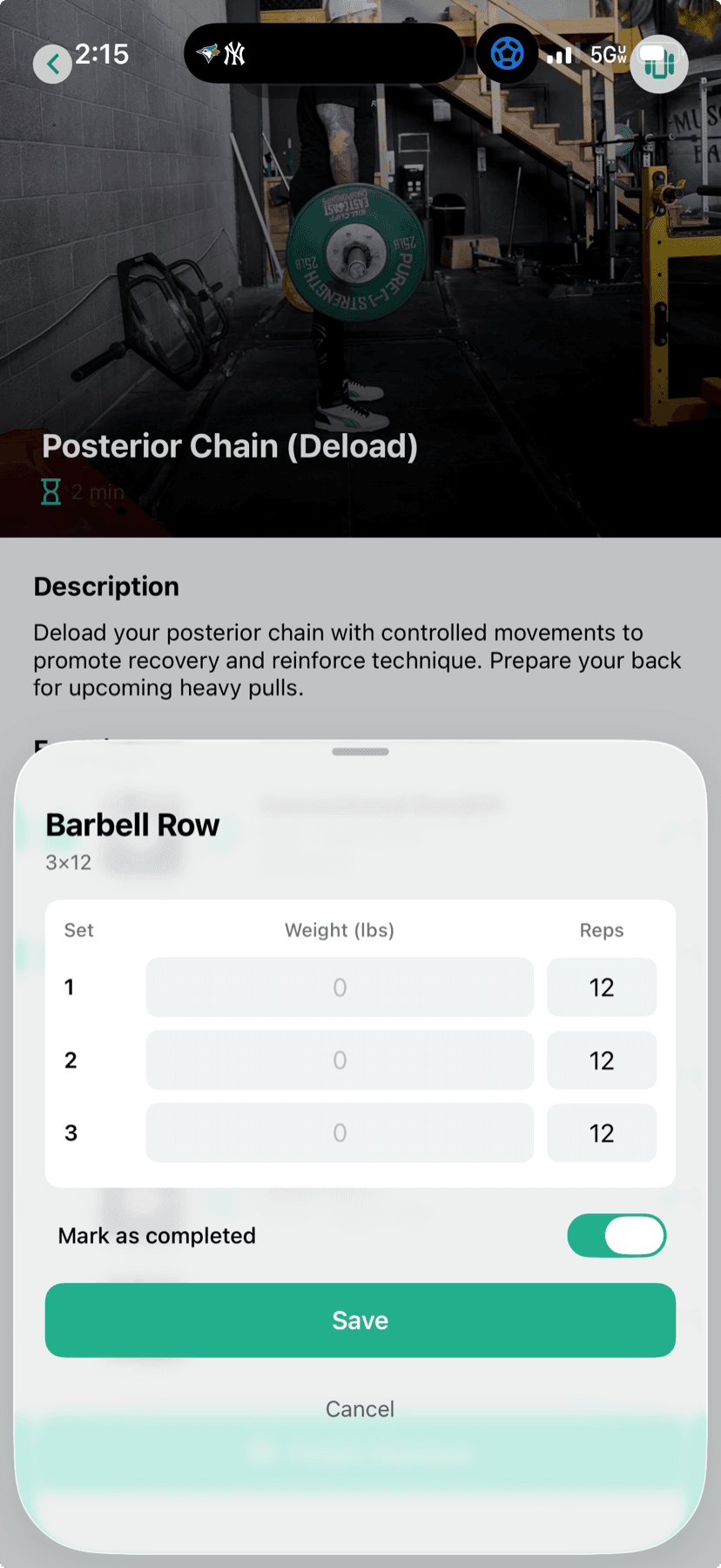 FitnessLink set logging screen recording weight and reps for each set of a barbell row