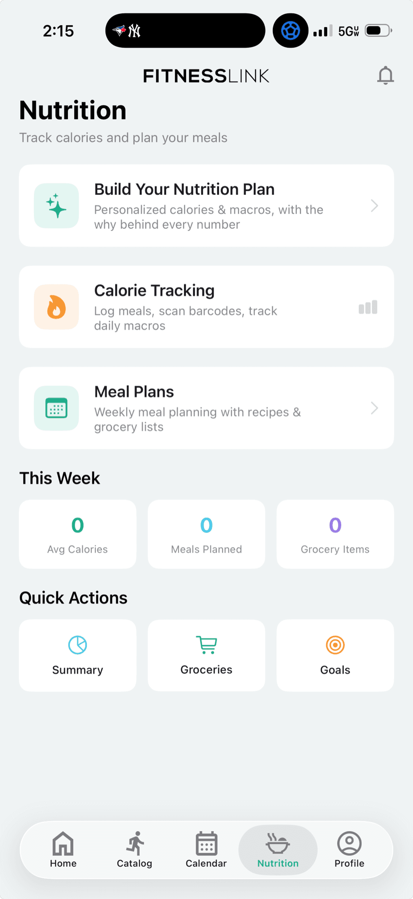FitnessLink nutrition hub with calorie tracking, meal plans, and weekly summary