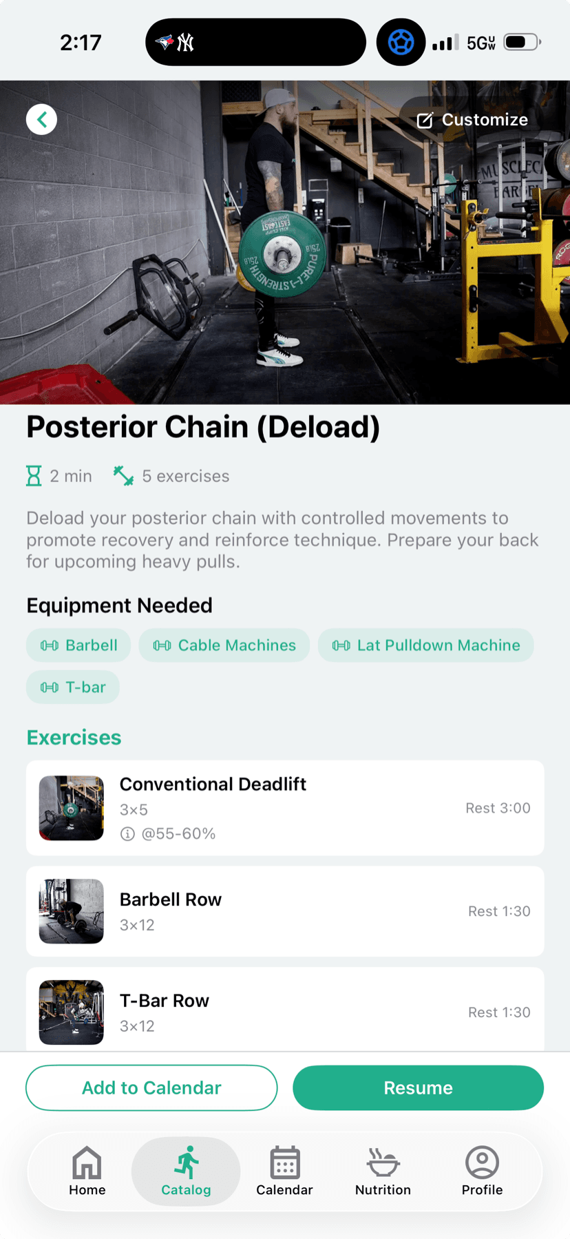 FitnessLink workout detail screen with customize option, equipment needed, and full exercise list