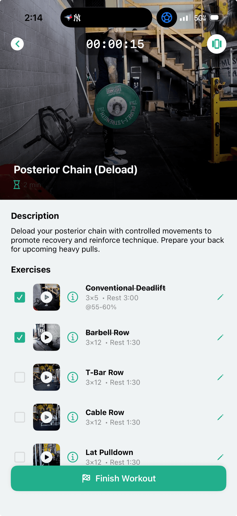 FitnessLink workout session with exercise video, description, and a checklist of exercises with sets and rest times